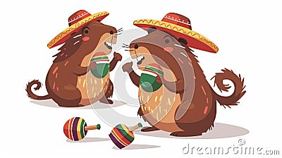 This cute capybara is playing maracas. Funny Mexican capibara animal is holding rhythm rattles, shakers. Flat modern Cartoon Illustration