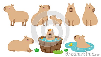 Cute Capybara Vector Illustration Set Vector Illustration