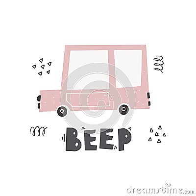 Cute car and lettering-beep. Funny transport. Cartoon vector illustration in simple childish hand-drawn Scandinavian Vector Illustration