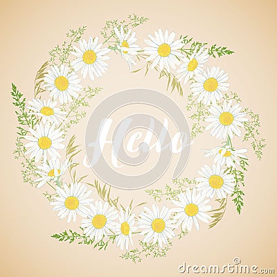 Cute card with Chamomile flowers wreath. Vector Illustration