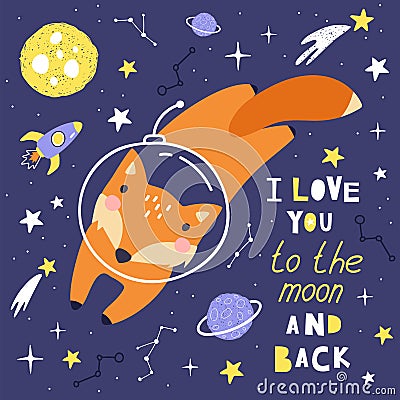 Cute card with fox astronaut, planets, stars and comets. Space Background for Kids. Can be use for typography posters, cards, Vector Illustration