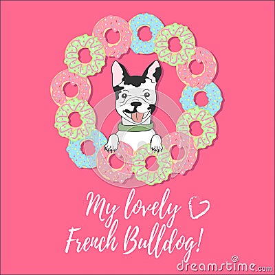 Cute card with french bulldog, donuts and text on a pink background. Vector Illustration