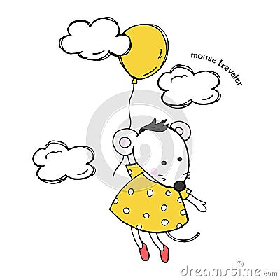 Cute card with a mouse in a yellow dress. Mouse flying in a balloon among the clouds. Colorful vector illustration in Vector Illustration