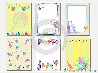 Cute card set of ice creams and drinks and bottle of wine. Vintage cards with patterns and ornaments. Hand drawn card set Cartoon Illustration