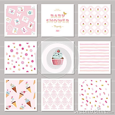 Cute card templates and seamless patterns set for girls. For birthday, wedding, baby shower design. Vector Illustration