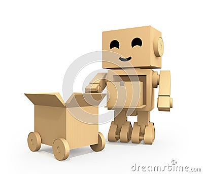 Cute Cardboard Robot carrying parcel to cardboard truck Stock Photo