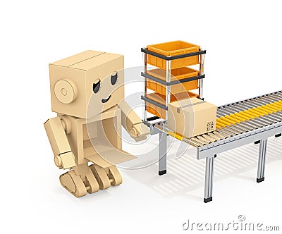 Cute Cardboard Robot picking up cardboard parcel from conveyor belt Stock Photo