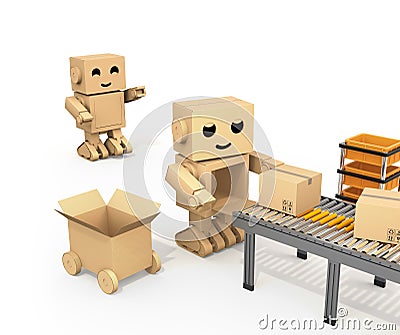 Cute Cardboard Robot picking up cardboard parcel from conveyor belt Stock Photo