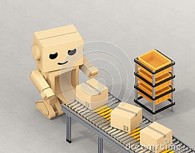 Cute Cardboard Robot picking up cardboard parcel from conveyor belt Stock Photo