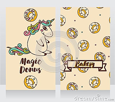 Cute cards for bakery with cartoon donuts and unicorn Vector Illustration