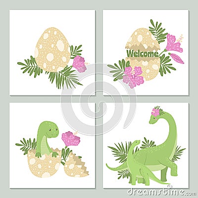 Cute cards with dinosaurs and its egg Vector Illustration