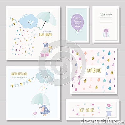 Cute cards for girls. Can be used for baby shower, birthday, babies clothes, notebook cover design. Watercolor style Vector Illustration