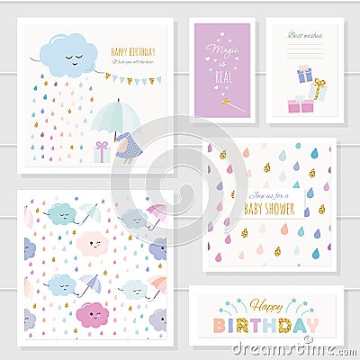 Cute cards with gold glitter elements for girls. For baby shower, birthday, babies clothes, notebook cover. Included two Vector Illustration