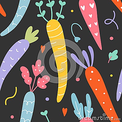 Cute carrots seamless vector pattern. Hand drawn rainbow colorful carrots with leaves and doodles on black background. Cartoon Illustration