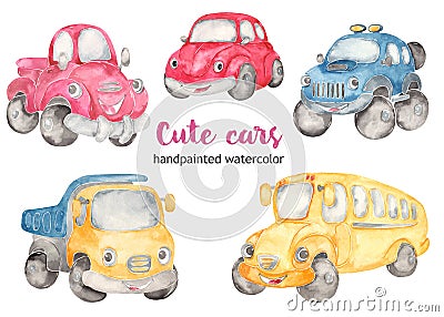 Cute cars watercolor clipart. Cartoon illustrations car beetle, off road SUV, school bus, pickup, truck Stock Photo