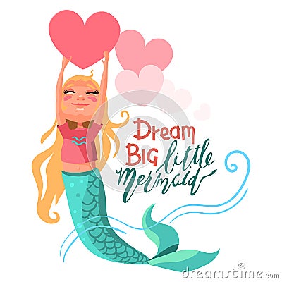 Cute, cartoon, adorable girl mermaid keeping the bright pink big heart Vector Illustration