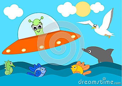 Cute cartoon alien visit the sea funny illustration for kids Vector Illustration