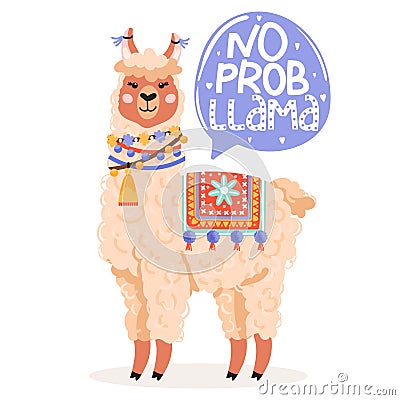 Cute cartoon alpaca. No probllama motivational and inspirational lettering phrase. Vector Illustration