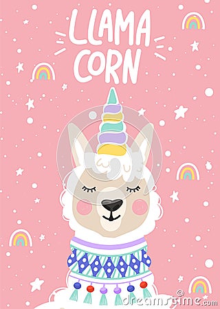 Cute cartoon alpaca with a unicorn horn. Llamacorn inspirational lettering phrase with rainbow and star. Vector Illustration