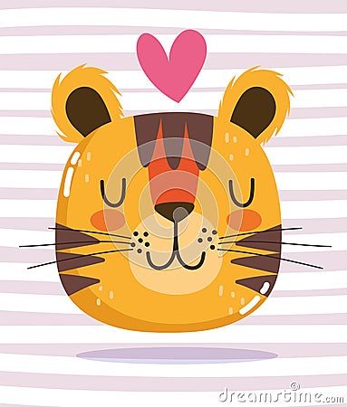 Cute cartoon animal adorable wild character tiger heart striped background Vector Illustration