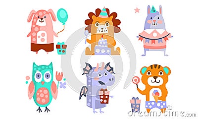 Cute Cartoon Animal Characters Set, Childish Birthday Party Design, Dog, Lion, Bunny, Owl, Dragon, Tiger Vector Vector Illustration