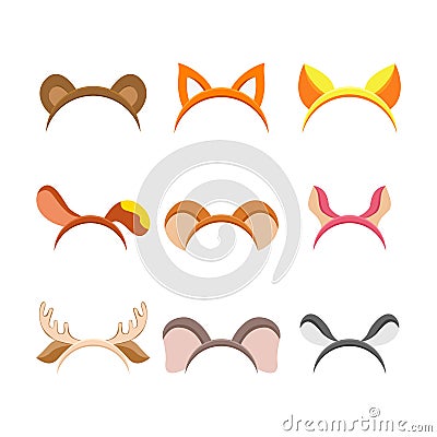 Cute cartoon animal ears set for holiday celebration, masquerade head decor, Xmas and New Year mask set. Vector Illustration