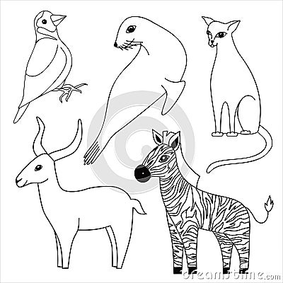 Cute cartoon animals for coloring and colors design. Outlined Clip art vector for coloring book, sticker. Vector Illustration