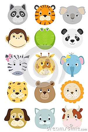 Cute cartoon animals faces set Vector Illustration