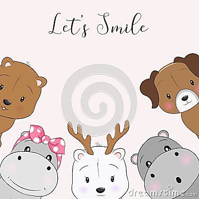 Cute cartoon animals happy smile Vector Illustration