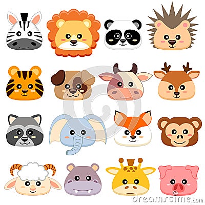 Cute cartoon animals head. Dog, pig, cow, deer, lion, sheep, tiger, panda, raccoon, monkey, fox, zebra, giraffe, elephant, hedgeho Vector Illustration