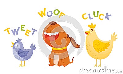 Cute Cartoon Animals Making Sounds Vector Illustrations Set Vector Illustration