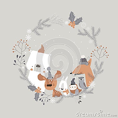 Cute cartoon animals meeting holiday in winter wreath Vector Illustration