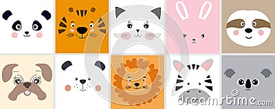 Cute cartoon animals panda, tiger, cat, rabbit, sloth, pug, bear, lion, zebra and koala, kawaii flat style. Vector Illustration