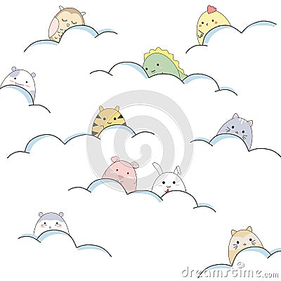 Cute cartoon animals are playing in the clouds Vector Illustration