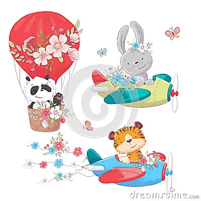 Cute cartoon animals transport vehicle ship and balloon. Vector Vector Illustration