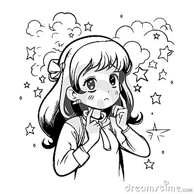 cute cartoon anime girl coloring page illustration generative ai Vector Illustration