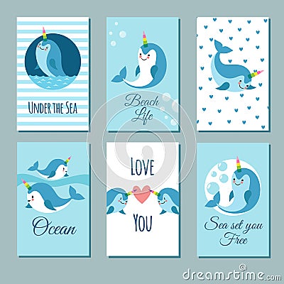 Cute cartoon anime narwhal romance cards. Posters with funny kawaii baby unicorn whale vector characters Vector Illustration