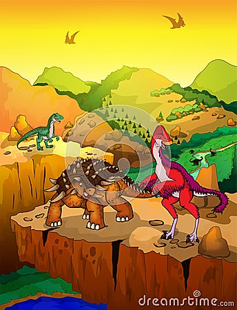Cute cartoon ankylosaurus and Anzu with landscape background. Vector Illustration