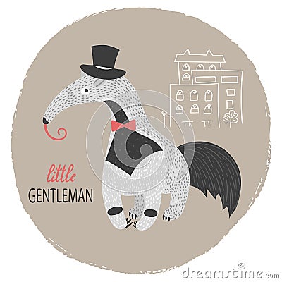 Cute cartoon ant eater. Little gentleman vector illustration Vector Illustration