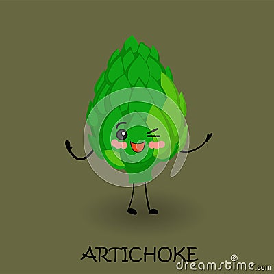 Cute cartoon artichoke. Tasty vegetables. Vegan character with eyes and a smile. Dark background Vector Illustration