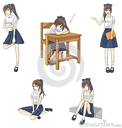 Cute cartoon Asian Thai schoolgirl student Vector Illustration