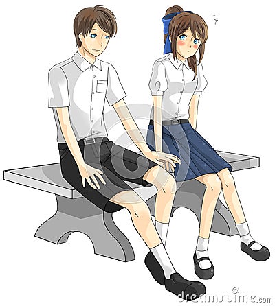 Cute cartoon Asian Thai student couple in government high school Vector Illustration