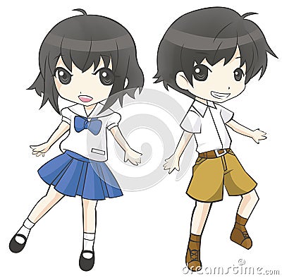 Cute cartoon Asian Thai student couple schoolgirl and schoolboy Vector Illustration