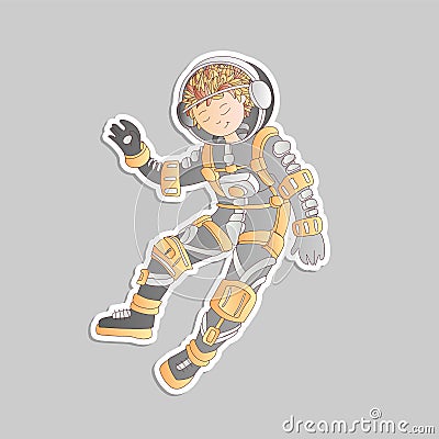 Cute cartoon asrtonaut girl floating in space vector sticker illustration. Girl in space helmet among stars, in deep Vector Illustration