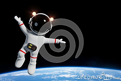 Cute cartoon astronaut character in orbit of the planet Earth 3d illustration Stock Photo