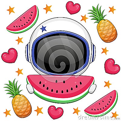 Cute cartoon astronaut holding a slice of watermelon. Vector Illustration