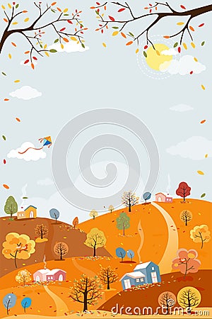 Cute cartoon Autumn village with bright light on sunny day,Mid autumn Harvest landscape farm field,hill, leaves falling in orange Vector Illustration