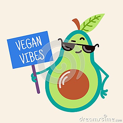 Cute cartoon avocado vector icon. Cool vegetable in sunglasses holds a banner. Vegan vibes. A funny green fruit with a seed grins Vector Illustration