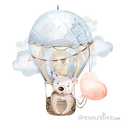 Cute cartoon baby bear animal hand drawn watercolor bunny illustration with air balloon. kids nursery wear fashion Cartoon Illustration