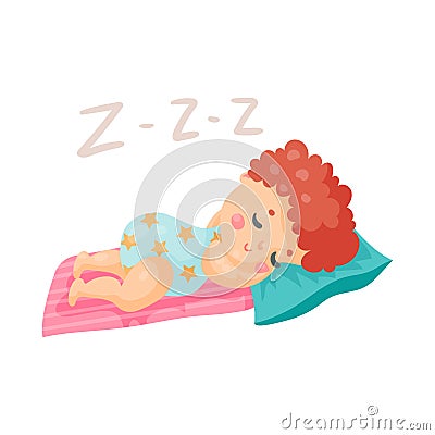 Cute cartoon baby in a blue bodysuit sleeping in his bed colorful character vector Illustration Vector Illustration